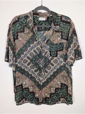 Raga Man Shirt Button Front Block Diamond Tie Dye Jewel Tone Indie Green Size L